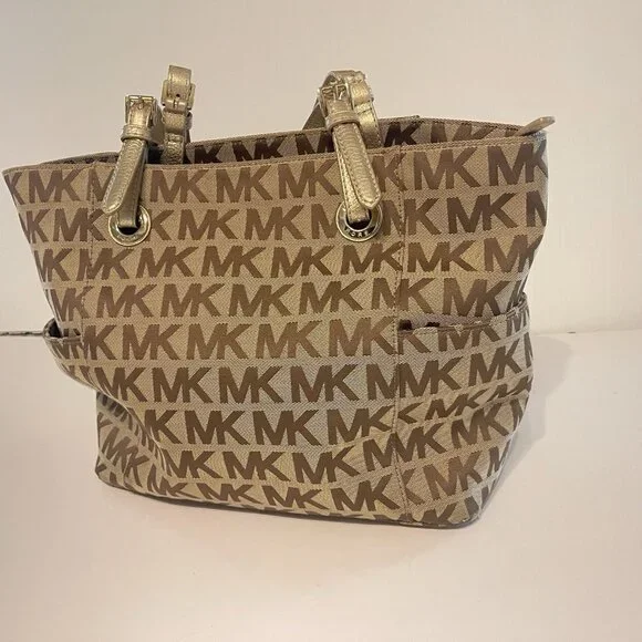 Michael Kors Jet Set Signature Logo Tote Handbag Large Brown Side Pockets - Picture 5 of 16